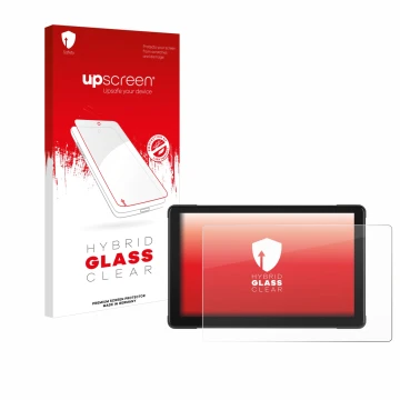 Face avant d’un emballage produit avec le logo de la marque upscreen. À côté, l’appareil Podofo Motorrad Carplay 7