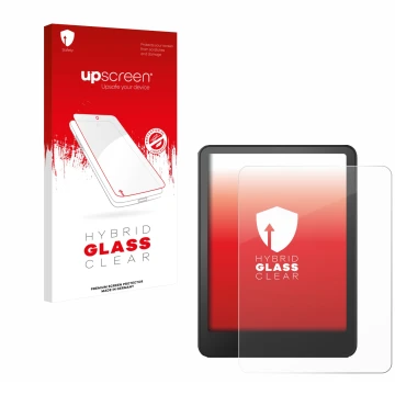 Face avant d’un emballage produit avec le logo de la marque upscreen. À côté, l’appareil Amazon Kindle Paperwhite 2024 (12. Ge