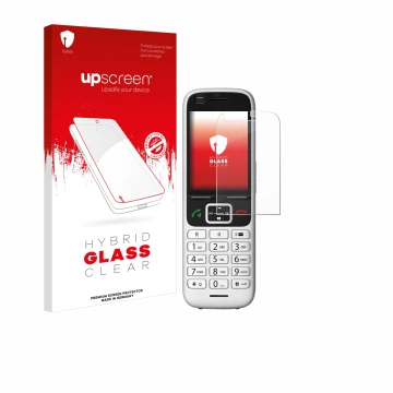 Face avant d’un emballage produit avec le logo de la marque upscreen. À côté, l’appareil Unify OpenScape S6 est représenté ave