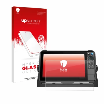 Face avant d’un emballage produit avec le logo de la marque upscreen. À côté, l’appareil Lowrance HDS-9 Pro est représenté ave