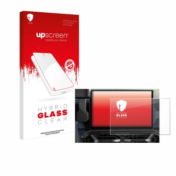 Face avant d’un emballage produit avec le logo de la marque upscreen. À côté, l’appareil Dacia Duster Infotainment System (202