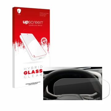 Face avant d’un emballage produit avec le logo de la marque upscreen. À côté, l’appareil Dacia Duster Tacho (2024) est représe