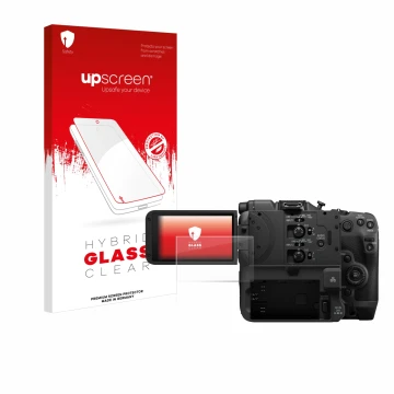 Face avant d’un emballage produit avec le logo de la marque upscreen. À côté, l’appareil Canon EOS C400 est représenté avec la
