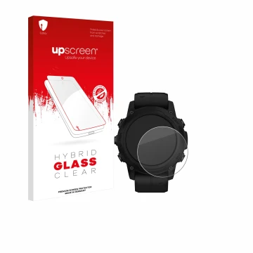 Face avant d’un emballage produit avec le logo de la marque upscreen. À côté, l’appareil Garmin Descent G1 Solar est représent