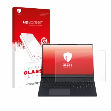 Face avant d’un emballage produit avec le logo de la marque upscreen. À côté, l’appareil Tuxedo InfinityBook Pro 15 Gen 9 est 