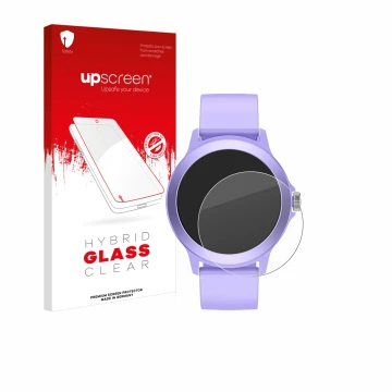 Face avant d’un emballage produit avec le logo de la marque upscreen. À côté, l’appareil SPC Smartee Duo Vivo 1.27