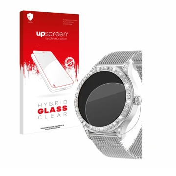 Face avant d’un emballage produit avec le logo de la marque upscreen. À côté, l’appareil Powerwill Smartwatch 1.27