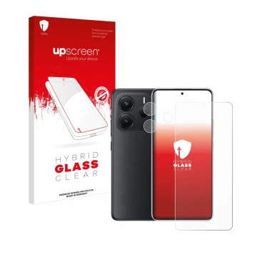 Face avant d’un emballage produit avec le logo de la marque upscreen. À côté, l’appareil Xiaomi Redmi Note 14 (Avant+Caméra) e