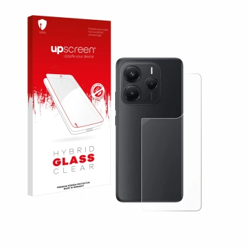 Face avant d’un emballage produit avec le logo de la marque upscreen. À côté, l’appareil Xiaomi Redmi Note 14 (Arrière) est re