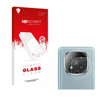 Face avant d’un emballage produit avec le logo de la marque upscreen. À côté, l’appareil Xiaomi Redmi Note 14 Pro Plus (Caméra