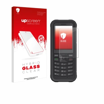 Face avant d’un emballage produit avec le logo de la marque upscreen. À côté, l’appareil Sonim XP100 est représenté avec la pr