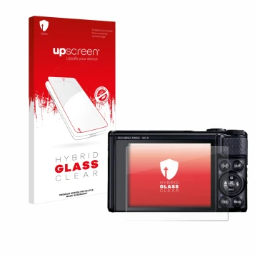 Face avant d’un emballage produit avec le logo de la marque upscreen. À côté, l’appareil Canon PowerShot SX740 HS Lite est rep