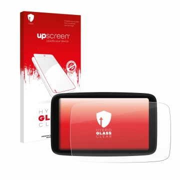 Face avant d’un emballage produit avec le logo de la marque upscreen. À côté, l’appareil TomTom GO Advanced est représenté ave