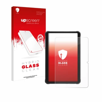 Face avant d’un emballage produit avec le logo de la marque upscreen. À côté, l’appareil Hotwav R8 est représenté avec la prot
