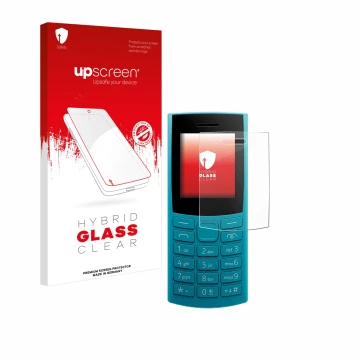 Face avant d’un emballage produit avec le logo de la marque upscreen. À côté, l’appareil Nokia 105 4G 2nd Edition est représen