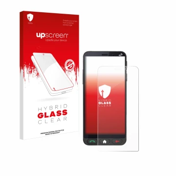 Face avant d’un emballage produit avec le logo de la marque upscreen. À côté, l’appareil Brondi Amico Vero 4G est représenté a