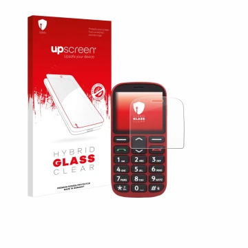 Face avant d’un emballage produit avec le logo de la marque upscreen. À côté, l’appareil Doro 1360 est représenté avec la prot