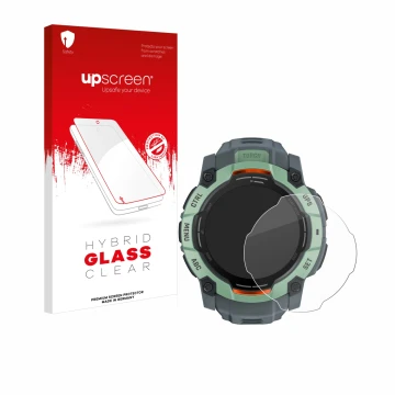 Face avant d’un emballage produit avec le logo de la marque upscreen. À côté, l’appareil Garmin Instinct 3 AMOLED (50 mm) est 