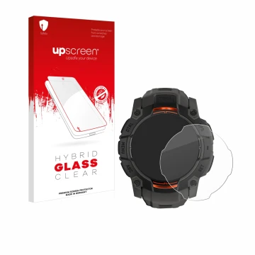 Face avant d’un emballage produit avec le logo de la marque upscreen. À côté, l’appareil Garmin Instinct 3 Solar (50 mm) est r