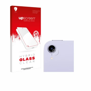 Face avant d’un emballage produit avec le logo de la marque upscreen. À côté, l’appareil Apple iPad Mini 7 2024 (Caméra UNIQUE