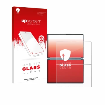 Face avant d’un emballage produit avec le logo de la marque upscreen. À côté, l’appareil Lenovo Yoga Book 9i Gen 10 est représ