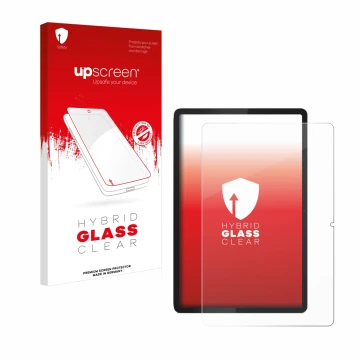 Face avant d’un emballage produit avec le logo de la marque upscreen. À côté, l’appareil Lenovo Tab 2025 10.1