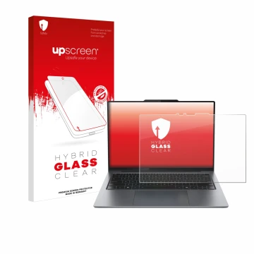 Face avant d’un emballage produit avec le logo de la marque upscreen. À côté, l’appareil Lenovo ThinkPad X9 15 Aura Edition 15