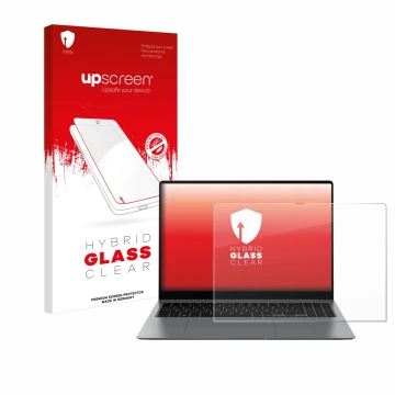 Face avant d’un emballage produit avec le logo de la marque upscreen. À côté, l’appareil Samsung Galaxy Book5 Pro 16