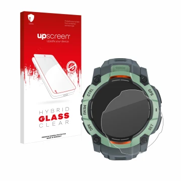 Face avant d’un emballage produit avec le logo de la marque upscreen. À côté, l’appareil Garmin Instinct 3 AMOLED (45 mm) est 