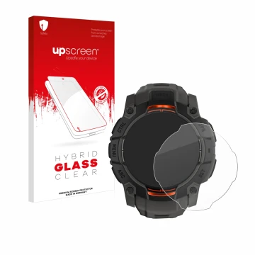 Face avant d’un emballage produit avec le logo de la marque upscreen. À côté, l’appareil Garmin Instinct 3 Solar (45 mm) est r