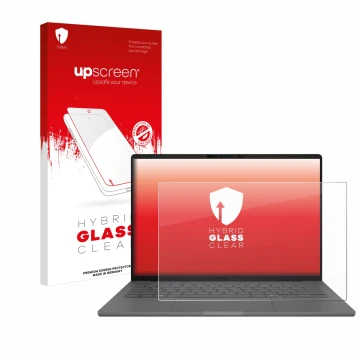 Face avant d’un emballage produit avec le logo de la marque upscreen. À côté, l’appareil ASUS ZenBook A14 UX3407 est représent