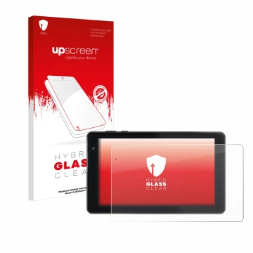 Face avant d’un emballage produit avec le logo de la marque upscreen. À côté, l’appareil Lisciani Mio Tab 7 est représenté ave