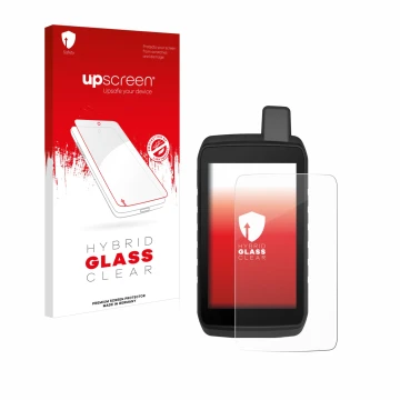 Face avant d’un emballage produit avec le logo de la marque upscreen. À côté, l’appareil Garmin Montana 710 est représenté ave