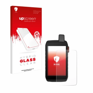 Face avant d’un emballage produit avec le logo de la marque upscreen. À côté, l’appareil Garmin Montana 710i est représenté av