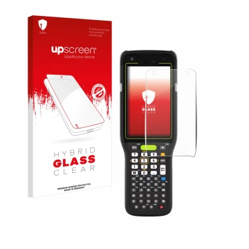 Face avant d’un emballage produit avec le logo de la marque upscreen. À côté, l’appareil Zebra MC3400 est représenté avec la p