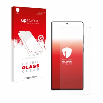 Face avant d’un emballage produit avec le logo de la marque upscreen. À côté, l’appareil Samsung Galaxy S25 Ultra est représen