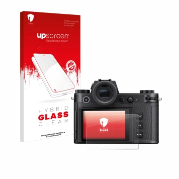 Face avant d’un emballage produit avec le logo de la marque upscreen. À côté, l’appareil Leica SL3-S est représenté avec la pr