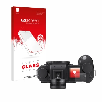 Face avant d’un emballage produit avec le logo de la marque upscreen. À côté, l’appareil Leica SL3-S (affichage des épaules) e