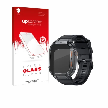 Face avant d’un emballage produit avec le logo de la marque upscreen. À côté, l’appareil bedee Smartwatch 1.96
