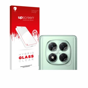 Face avant d’un emballage produit avec le logo de la marque upscreen. À côté, l’appareil Xiaomi Poco X7 (Caméra UNIQUEMENT) es