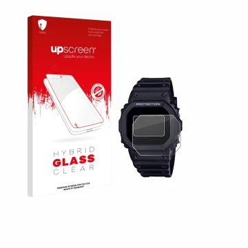 Face avant d’un emballage produit avec le logo de la marque upscreen. À côté, l’appareil Casio G-Shock DW-5600RL-1 est représe