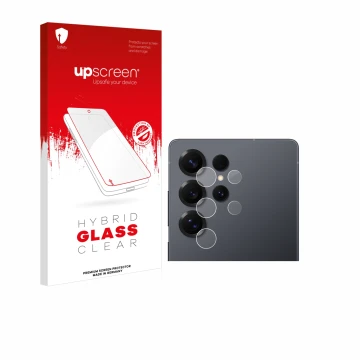 Face avant d’un emballage produit avec le logo de la marque upscreen. À côté, l’appareil Samsung Galaxy S25 Ultra (Caméra UNIQ