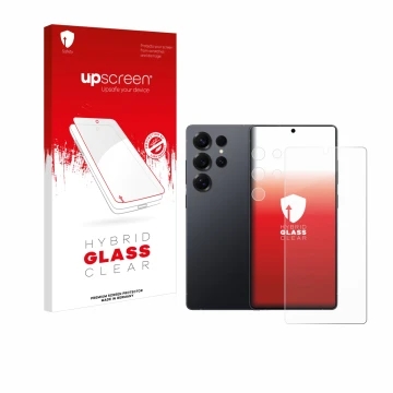 Face avant d’un emballage produit avec le logo de la marque upscreen. À côté, l’appareil Samsung Galaxy S25 Ultra (Avant+Camér