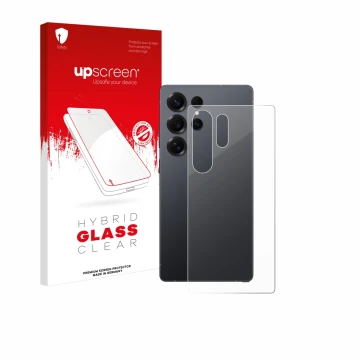 Face avant d’un emballage produit avec le logo de la marque upscreen. À côté, l’appareil Samsung Galaxy S25 Ultra (Arrière) es