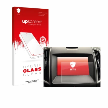 Face avant d’un emballage produit avec le logo de la marque upscreen. À côté, l’appareil Ford Galaxy Infotainment Sync 3 (2019