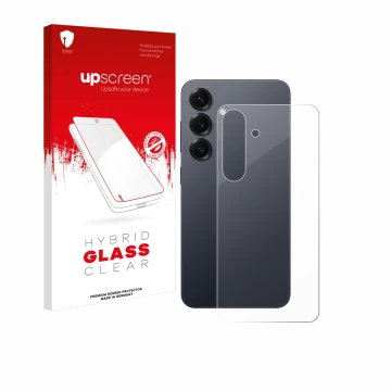 Face avant d’un emballage produit avec le logo de la marque upscreen. À côté, l’appareil Samsung Galaxy S25 (Arrière) est repr