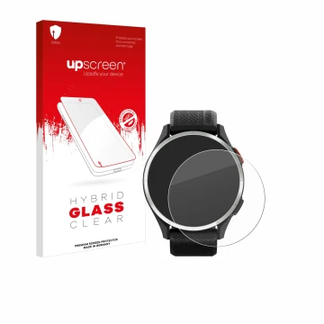 Face avant d’un emballage produit avec le logo de la marque upscreen. À côté, l’appareil Garmin Approach S44 est représenté av