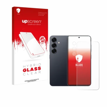 Face avant d’un emballage produit avec le logo de la marque upscreen. À côté, l’appareil Samsung Galaxy S25 Plus (Avant+Caméra