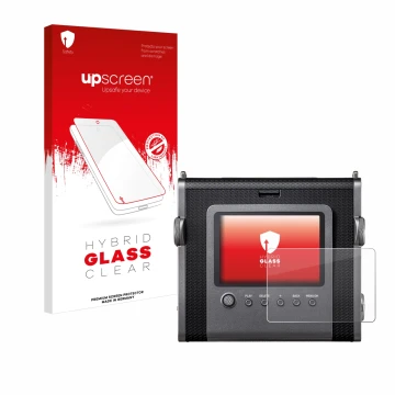 Face avant d’un emballage produit avec le logo de la marque upscreen. À côté, l’appareil Fujifilm Instax Wide Evo est représen