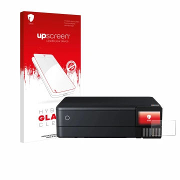 Face avant d’un emballage produit avec le logo de la marque upscreen. À côté, l’appareil Epson EcoTank ET-8550 est représenté 